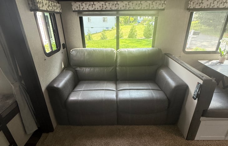 This is the lovely couch. It folds down into a full size bed. Two campers can sleep here comfortably.