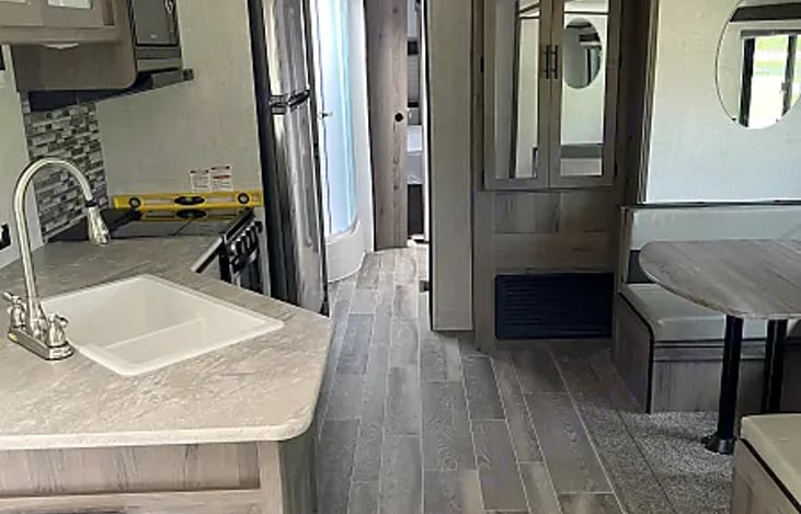 View of the spacious kitchen and living area.