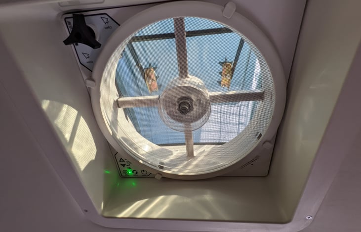 upgraded, large automatic and quite vent fans throughout.  Three vents in total, one in bathroom, one in Living Area and one in master bedroom.  Keeps your RV cool on sunny days and keep air fresh