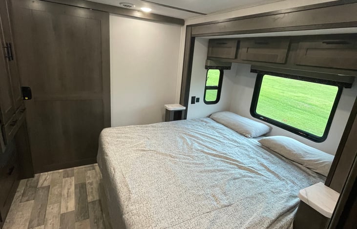 72" x 80" Residential King Bed, Night Stands w/ Charging Stations, Latching Privacy Pocket Doors, Under Bed Storage, CPAP Prep Bedroom Overhead