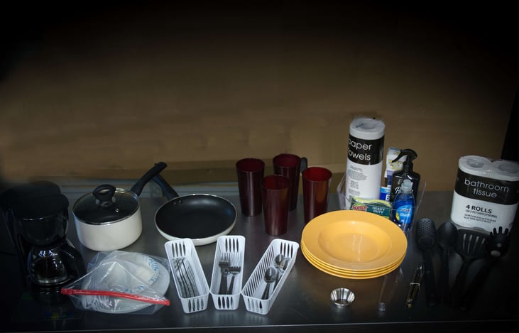 All campers in our fleet come equipped with items pictured above. Silverware, pot and pan, cups, coffee pot and etc.