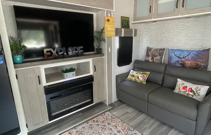 A view of the TV and fireplace with the Queen size sofa bed beside it. Plus more ample storage space above the sofa and on each side of the fireplace.