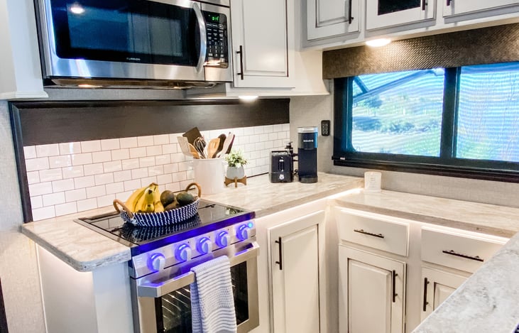 Raised kitchen with residential amenities.