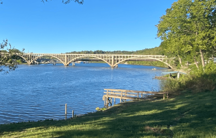 The coach is currently parked at the Lakeshore RV Park.  Our spot is lakefront and offers this view as you wake up every morning.
