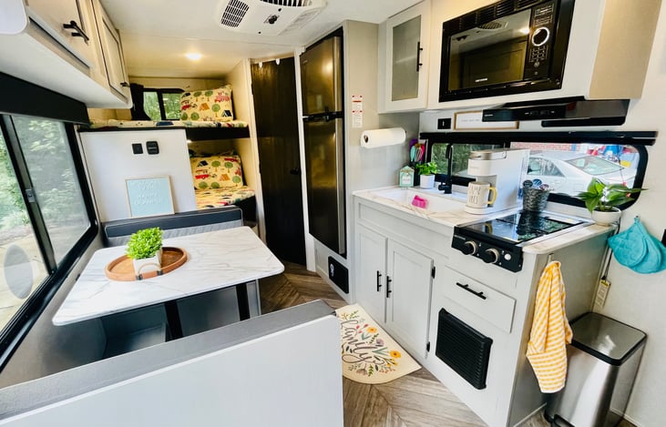 What a great place to gather!! Bathroom with shower, kitchen is stocked and Big baskets under the bunks for all your stuff!