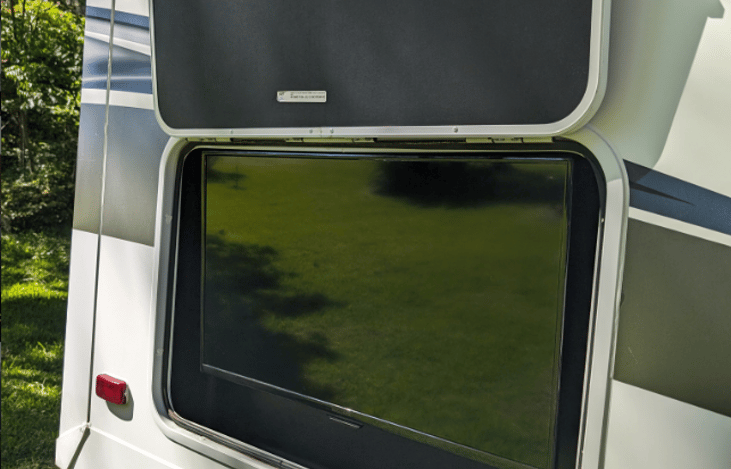 A close-up of the outdoor TV.