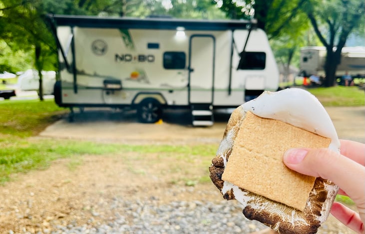S’mores at the fire pit in Panther Creek. They have a few full hookups, but the rest are dry camping. Beautiful overlook of the lake, go check it out!