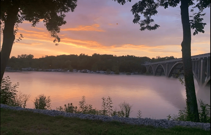 The coach is currently parked at the Lakeshore RV Park.  Our spot is lakefront and offers this view as you wake up every morning.