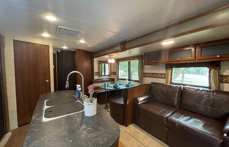 Kitchen island, couch and dinette