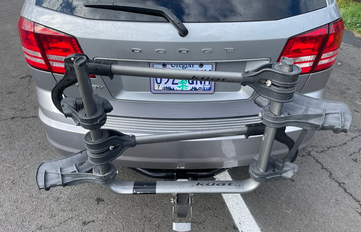 Folds up and out of the way. The Kuat bike rack can accommodate 2 bikes, 60 pounds each up to 120 lbs total. Sturdy and reliable.
Lighter weight bikes can be roof mounted.