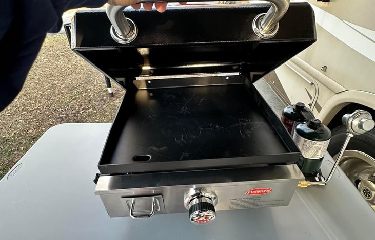 Propane flat top grill included for meal prep in the great outdoors