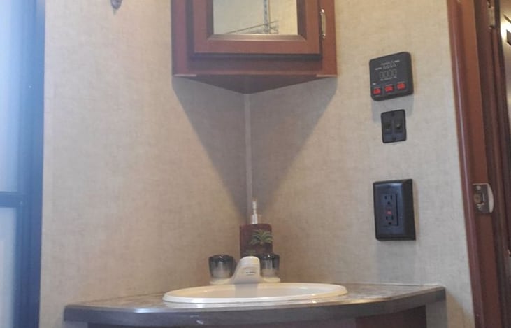 Bathroom sink and vanity.