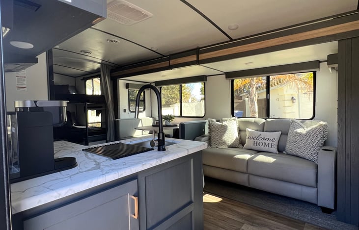 View entering trailer with storage under counter