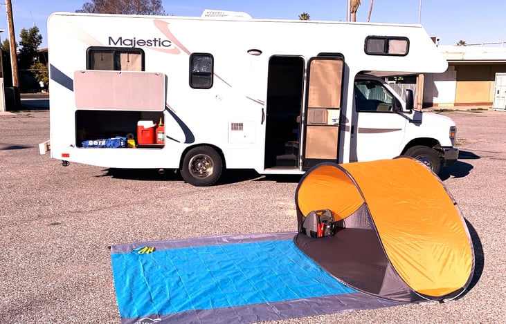 Beach popup tent and beach blanket