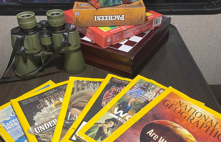 Board games , cards, dominoes , magazines and binoculars for your pleasure