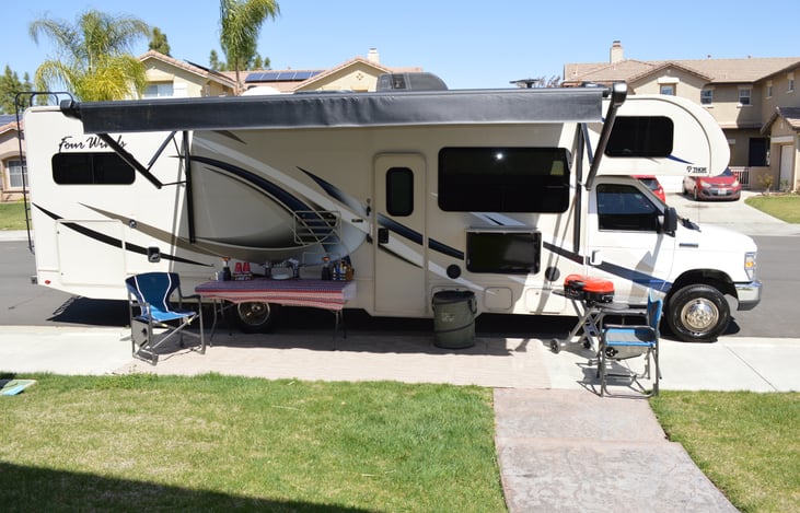 Large electric awning with led lights.
