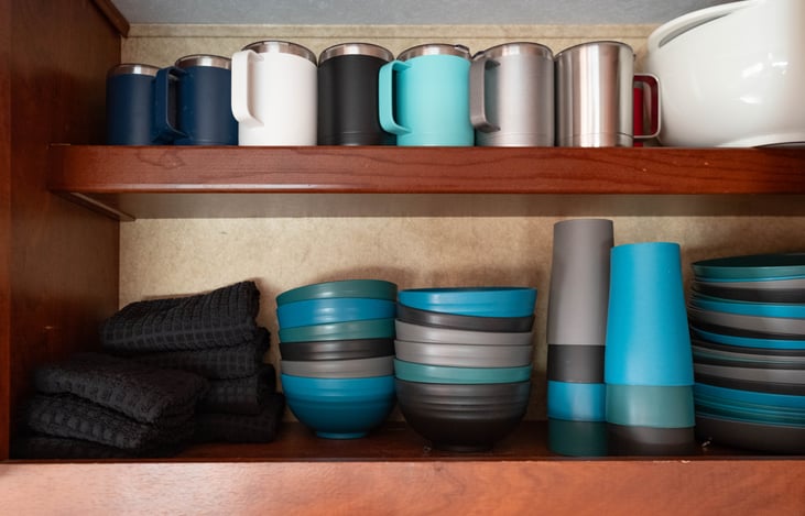 Fully stocked with place settings for 12 adults.