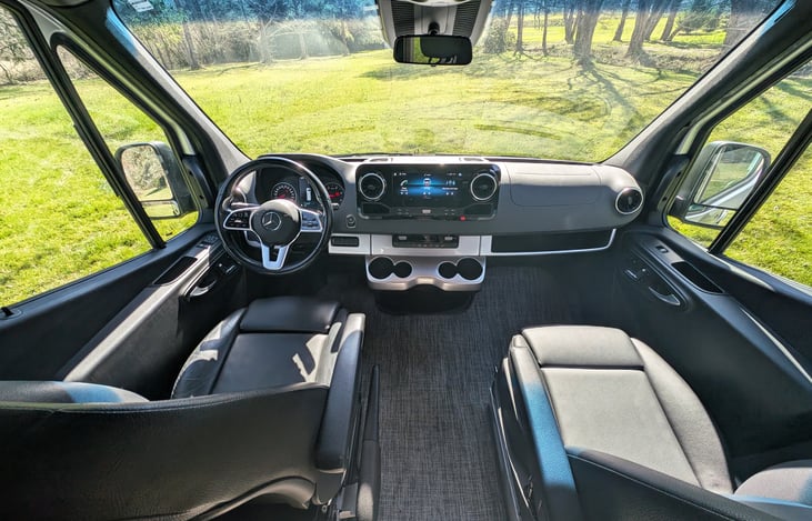 Very nice Mercedes cabin with all the modern technology to keep you comfortable and safe. Touch screen in the middle manages the Sprinter and can easily connect your Apple CarPlay too.