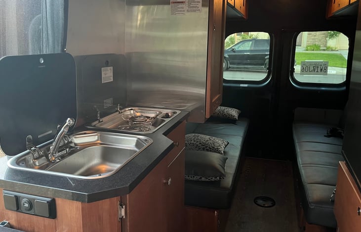 farm sink, 2 burner store, microwave and refrigerator