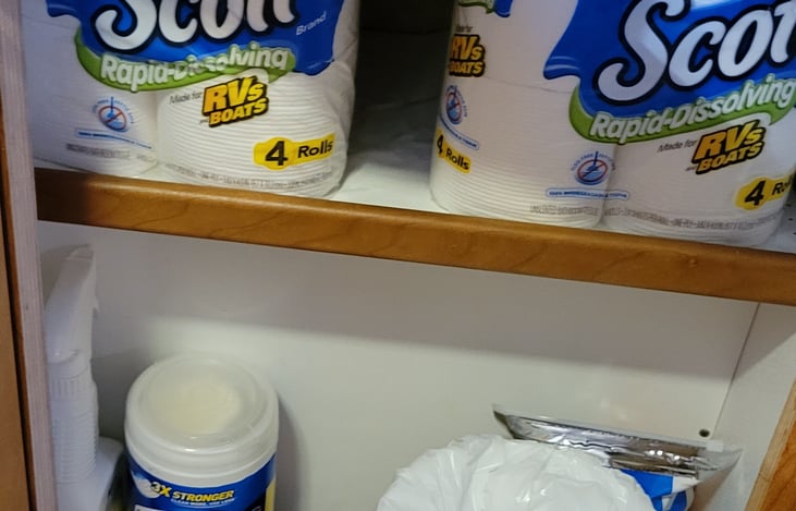 Scott's RV toilet paper supplied, along with cleaning supplies.