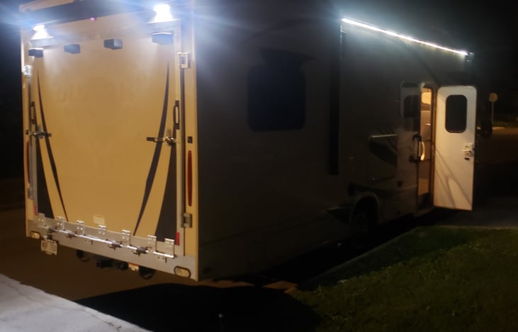 Outside of camper with lights