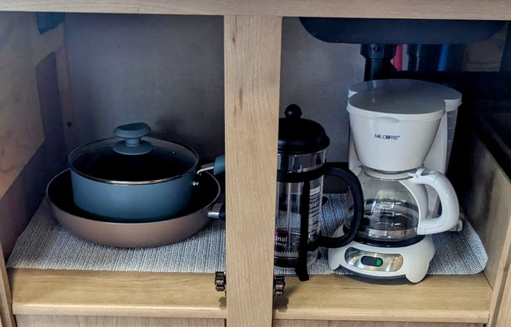 Cooking supplies. Please bring your spices and favorite coffee!