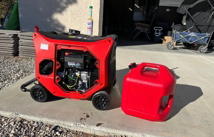 Predator 5000 inverter generator with 3.7 gallon unleaded gas tank capacity.