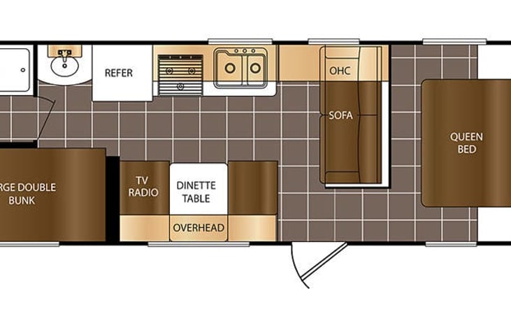 This is a Birds Eye view of the trailers floor plan. 
The master suite sleeps 1-2
Dinning table bed sleeps ages 1-12 best. 1-2 ppl
Sofa bed same as table. 1 comfortably 
Bunks 1- adult. 1-2/bunk