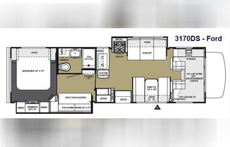 32 feet of luxury camping space. Sleeps 6+. 2 Seat-belts in cab, 2 on couch and 2 on dinette forward facing bench seat.
