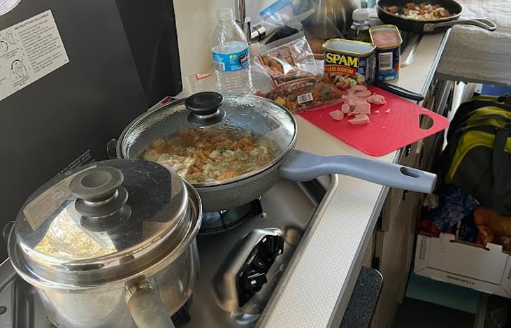 The bed doubles as a countertop—a clever discovery and a creative dual-purpose feature.