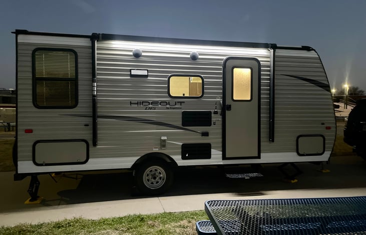 LED light with awning rolled up.