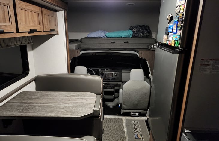 Main cabin front, slide in, ready to roll. Can still access everything including fridge.