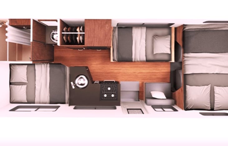 RV Floor plan while sleeping (cabinet colors show brown in this sample but real RV has modified blue cabinet doors)