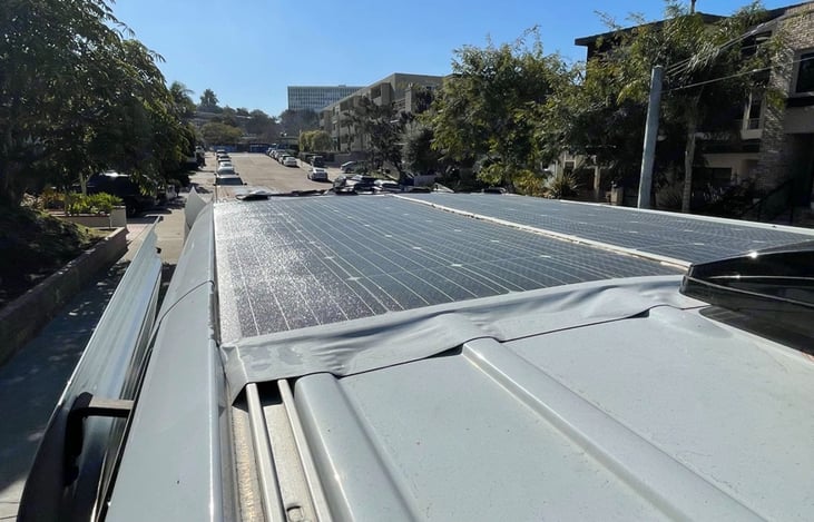 The electronics of the van are powered by solar panels on roof, Lithium batteries and also charges while driving.