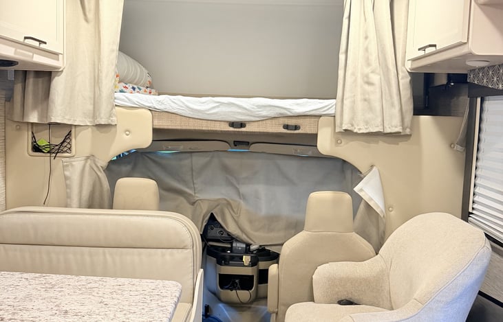 Looking forward: cab-over bunk, roof air conditioning, cab seats