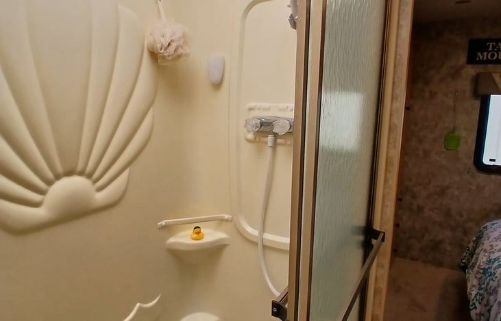 This full-size shower can accommodate anyone! (The RV owner is 6'5 and can shower comfortably!