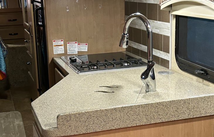 The stovetop is a dual powered unit. There are two propane powered grills and a two unit electric induction unit. There is a double stainless sink with a sprayer nozzle.