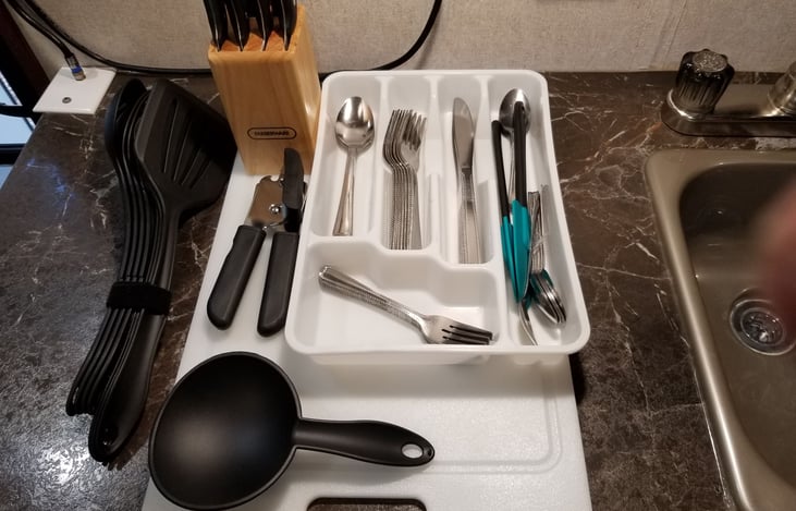 Silverware, knife set, can opener, plastic spatulas
