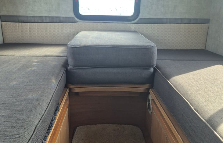 These beds can stay as twins or a shelf comes out and holds that extra cushion in place for one rv king size bed. Bring your own favorite bedding and pillows.