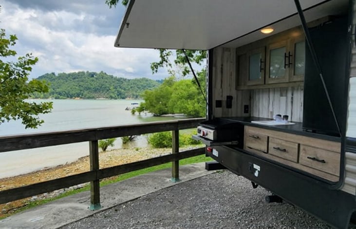 Outdoor kitchen with the view of Obey River Campground