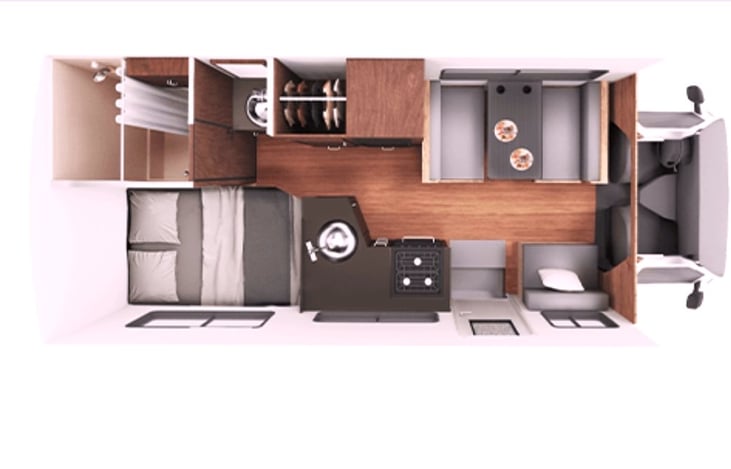 RV Floor plan while driving (cabinet colors show brown in this sample but real RV has modified blue cabinet doors)