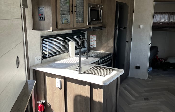 Kitchen area with RV Fire Extinguisher