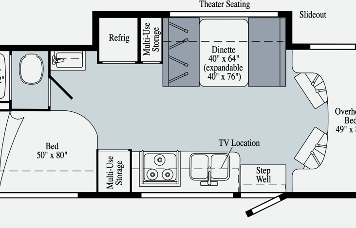 Floor plan of our vehicle.  Corner bed, single slide, cab over is the best for a family.  Vehicle sleeps up to 6 people.