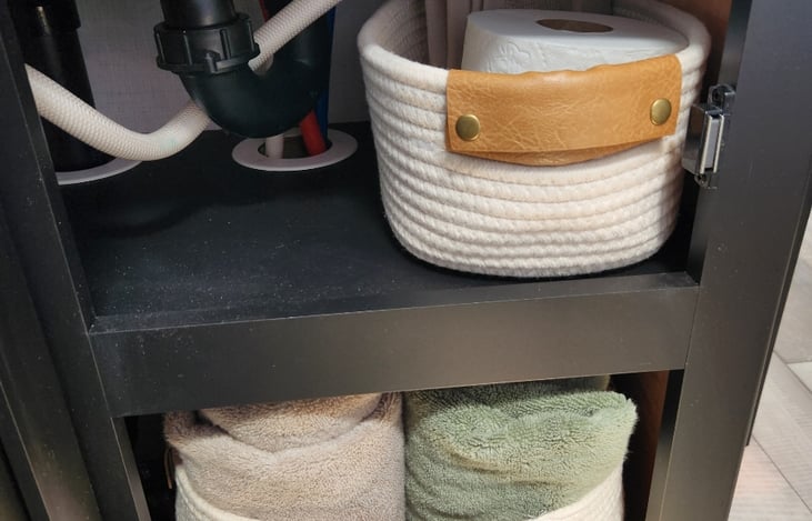Under the bathroom sink. Shower towels, extra hand towel, and extra toilet paper.