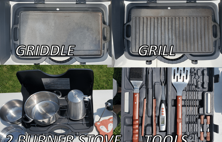 all included. The meat thermometer has a timer. Who doesn't love shish kabobs? And yes, that is a coffee percolator. Don't forget the eggs, bacon, hashbrowns, burgers, hotdogs, brats, & pancakes.