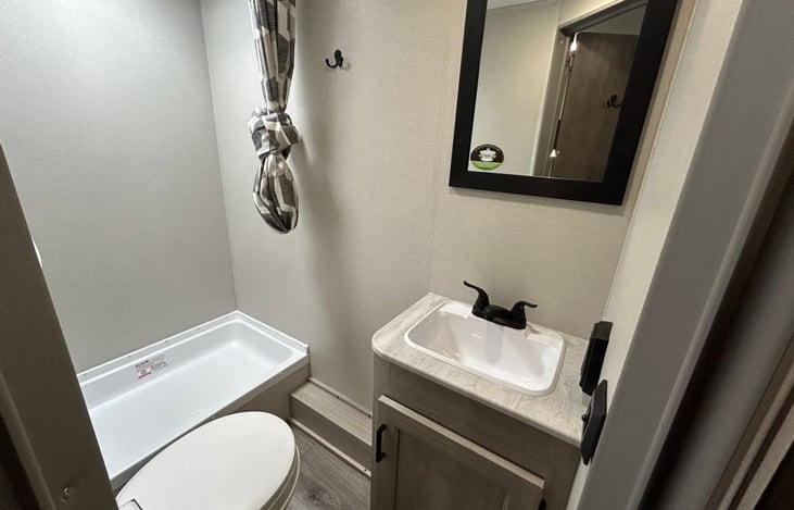 Restroom with decent size mirror