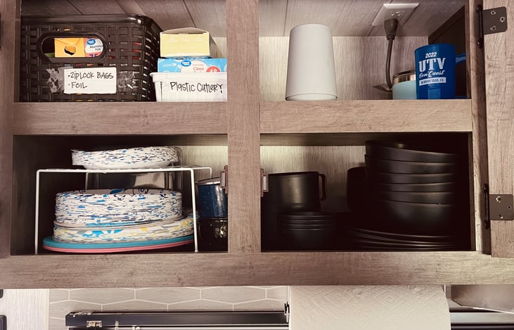 plastic reusable dishes included in every rental: plates, bowls, cups, soup bowls, and dip cups. 

Also some plastic cutlery, paper plates, plastic baggies, foil, etc. ***these items not restocked