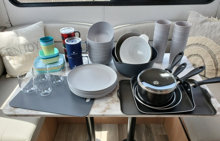 Dishes, pots & pans, cutting boards, mixing bowls etc.