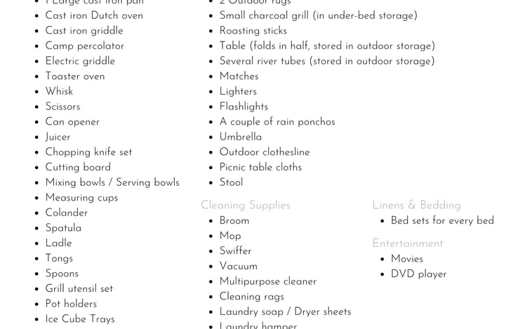 List of things we have in the camper.