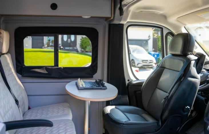 Driver and Shotgun Passenger seat swivel when parked all four can eat and play games together. NO TV on purpose!!! Get out and enjoy nature and each other.